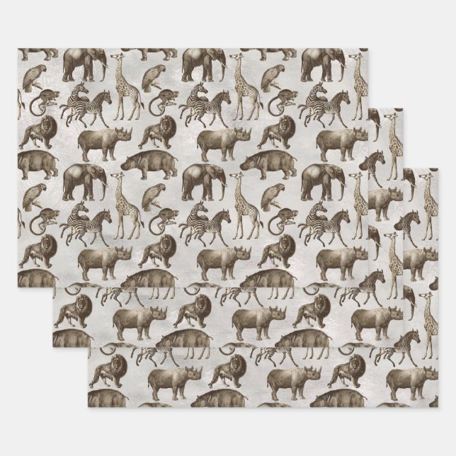 Safari Animals on Light Grey Wrapping Paper Sheets (Set)