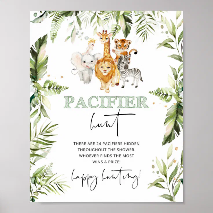 Safari animals Pacifier hunt baby shower game Poster | Zazzle