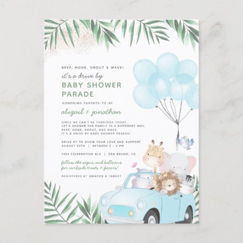 Safari Animals  Palm Leaves Drive By Baby Shower Invitation Postcard