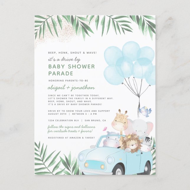 Safari Animals & Palm Leaves Drive By Baby Shower Invitation Postcard (Front)