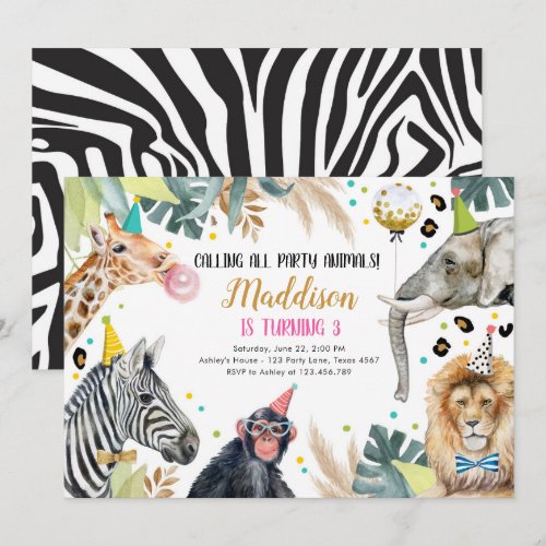 Safari Animals Party Girl Gold Pink Birthday