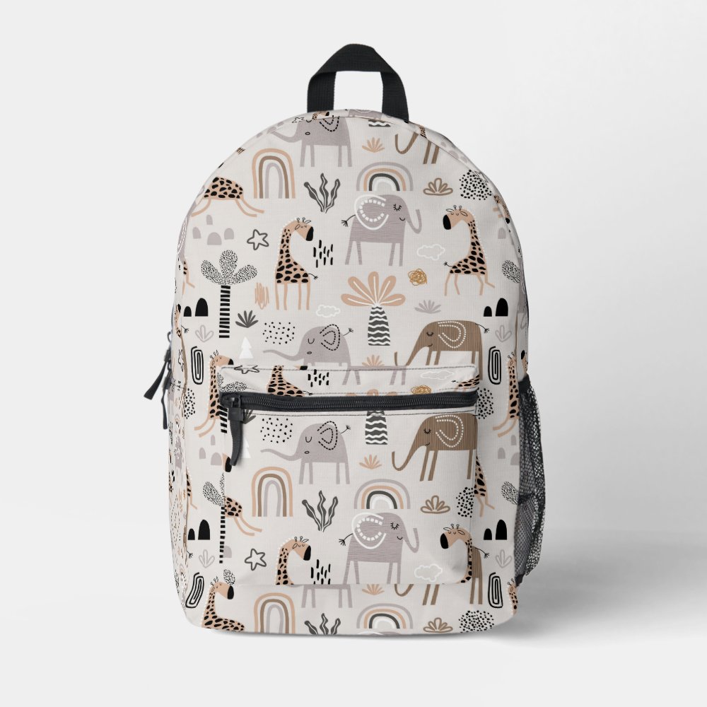 Safari Animals Pattern Elephants Giraffes Custom Name Kids Printed Backpack