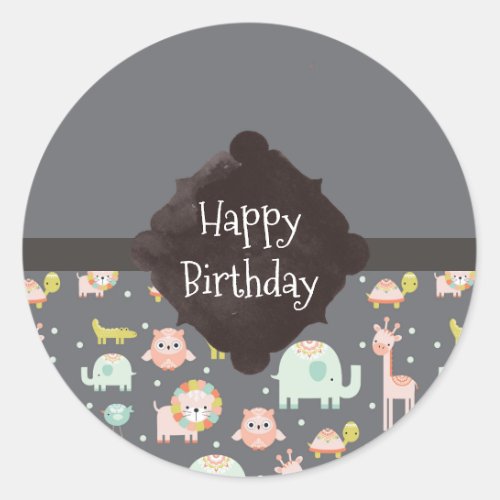 Safari Animals Pattern Nursery Art Happy Birthday Classic Round Sticker