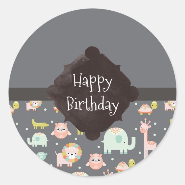 Safari Animals Pattern Nursery Art Happy Birthday Classic Round Sticker (Front)