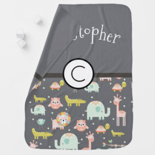 Safari Animals Pattern Nursery Art with Monogram Baby Blanket