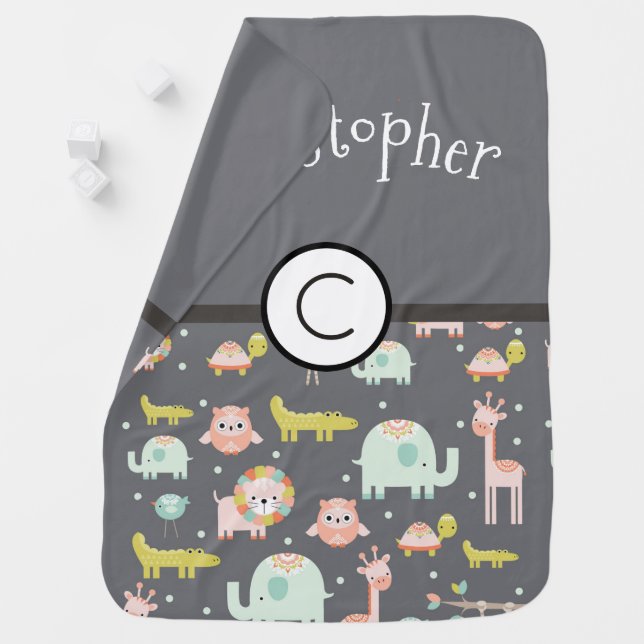 Safari Animals Pattern Nursery Art with Monogram Baby Blanket (In Situ)