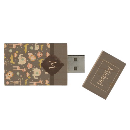 Safari Animals Pattern Nursery Art with Monogram Wood USB Flash Drive