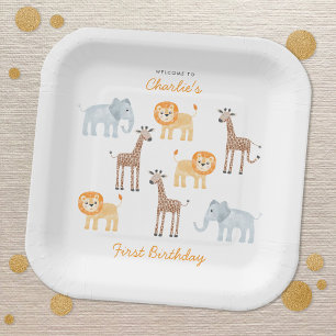 Safari Animals Personalized 1st Birthday Party Paper Plates