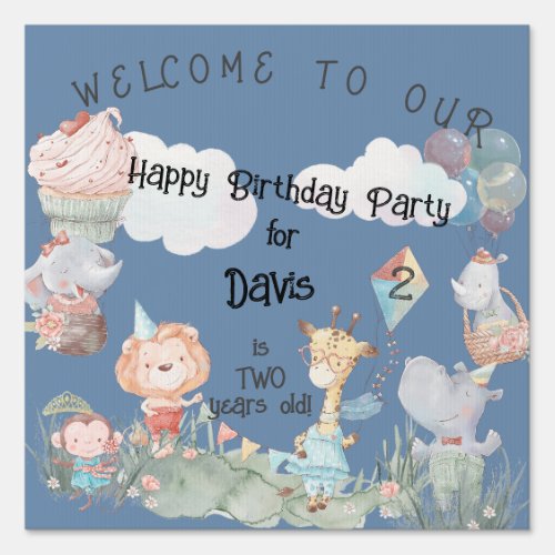 Safari Animals Personalized Blue Birthday Party Sign