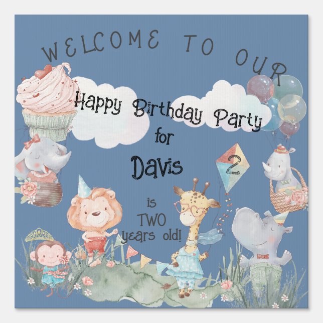 Safari Animals Personalized Blue Birthday Party Sign (Front)