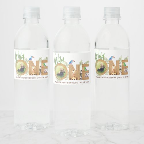 Safari Animals Photo Wild One Wood First Birthday  Water Bottle Label