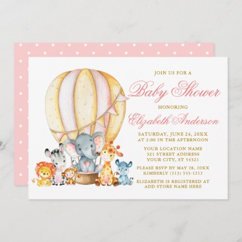 Safari Animals Pink Balloon Dots Baby Shower Invitation