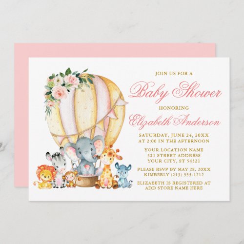 Safari Animals Pink Floral Air Balloon Baby Shower Invitation