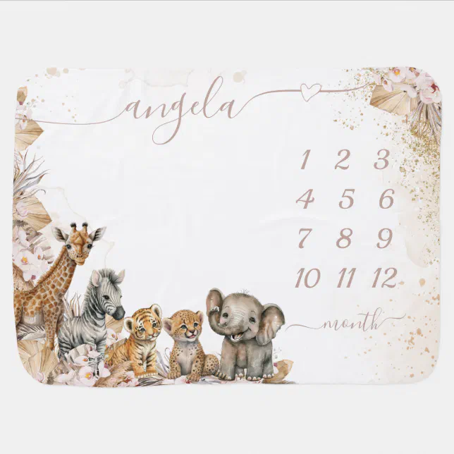 Safari Animals Pink Floral month milestone Girl Baby Blanket | Zazzle