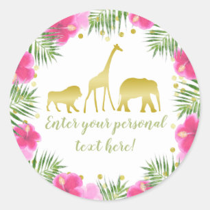 Safari Animals Pink & Gold Baby Shower Classic Round Sticker