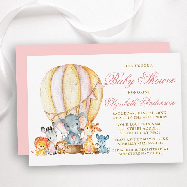 Safari Animals Pink Hot Air Balloon Baby Shower Invitation (Customize to change text color, size, text style or change color of back of card.)