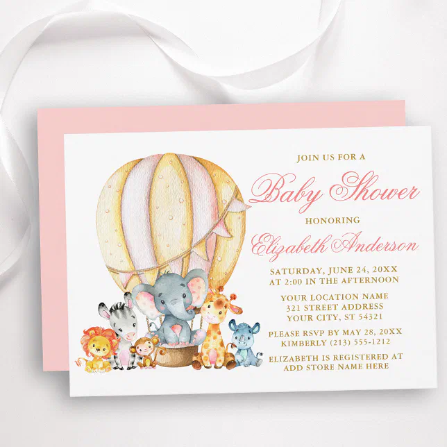 Safari Animals Pink Hot Air Balloon Baby Shower Invitation | Zazzle