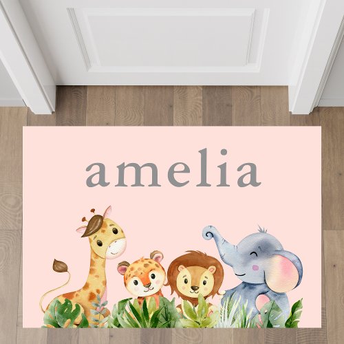 Safari Animals Pink Nursery Rug