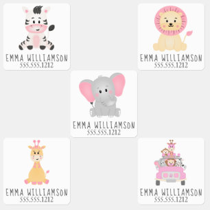 Safari Animals Pink Personalized Girl Kids' Labels