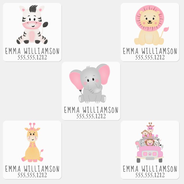 Safari Animals Pink Personalized Girl Kids' Labels (Group)