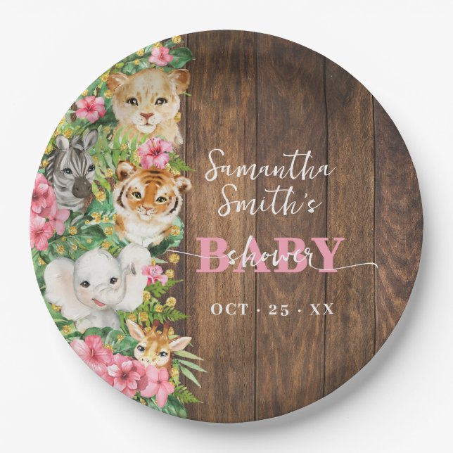 Safari Animals Pink Rustic Baby Shower  Paper Plates (Front)