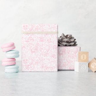 Safari Animals Pink Toile De Jouy Wrapping Paper