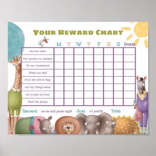 Safari Animals Reward Chore Chart Poster