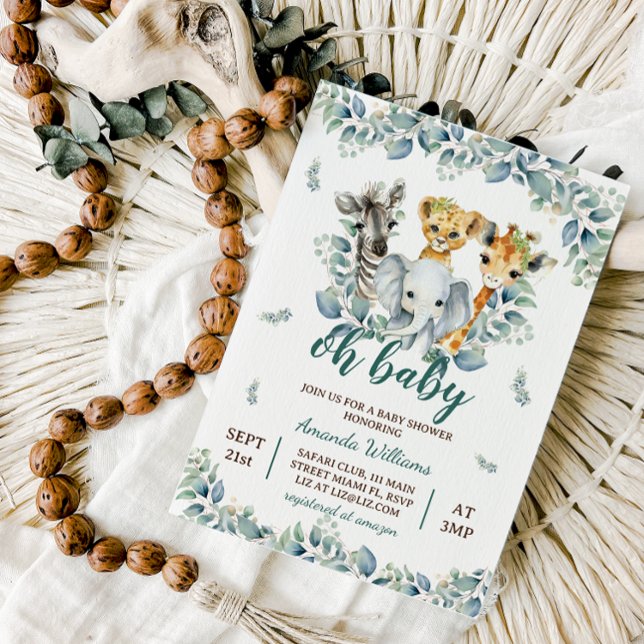 Safari Animals Sage Green Baby Shower Invitation (Creator Uploaded)