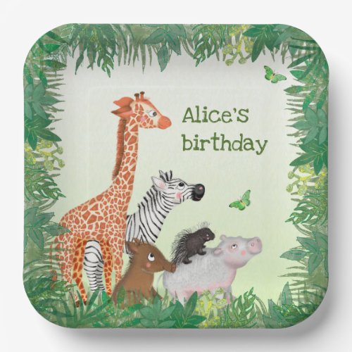 Safari animals square birthday party paper plate