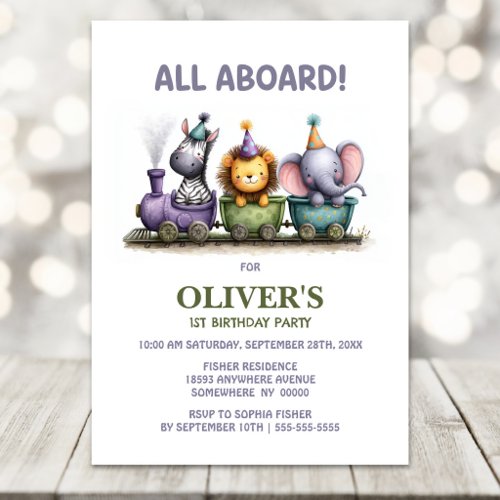 Safari Animals Steam Train 1st Birthday Party Invitation