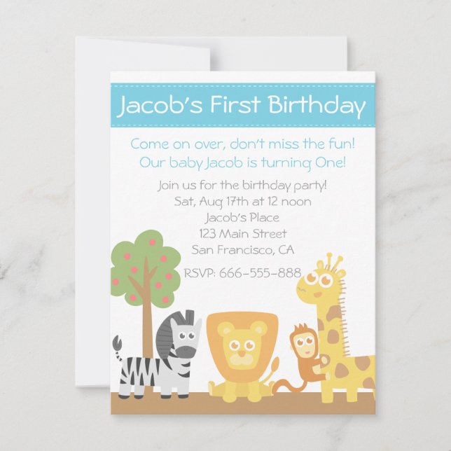Safari Animals theme first birthday party Invitation (Front)