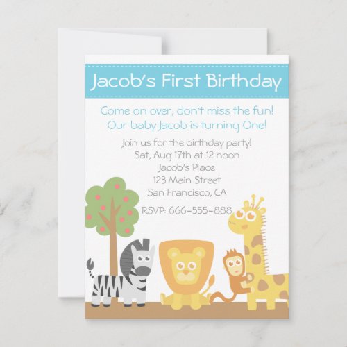 Safari Animals theme first birthday party Invites