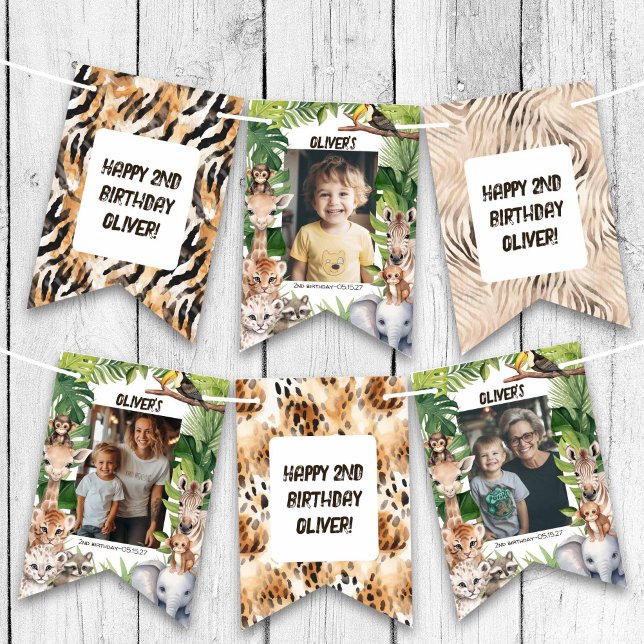 Safari animals Themed Boy birthday photo Bunting Flags (Any Age Jungle Safari Birthday Photo Bunting Flags.)