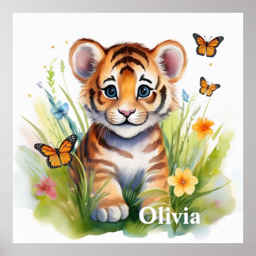 Safari Animals Tiger Floral Butterflies Baby Girl  Poster