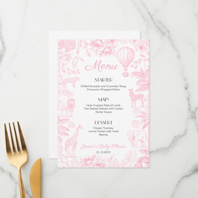 Safari Animals Toile De Jouy Baby Shower Menus (Front/Back In Situ)