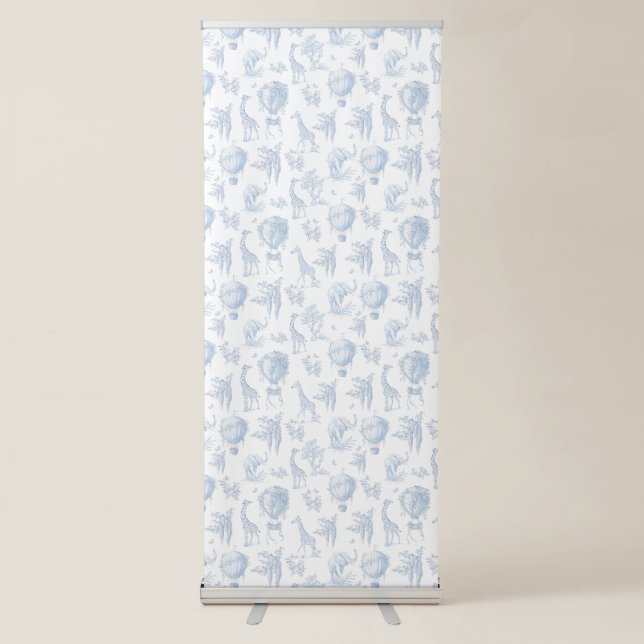Safari animals Toile de Jouy blue baby shower Retractable Banner (Front)
