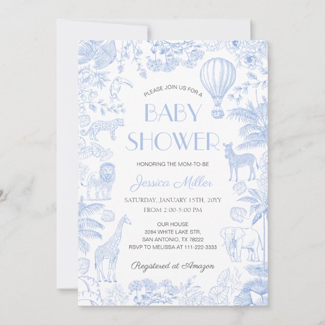 Safari Animals Toile De Jouy Boy Baby Shower Invitation (Front)