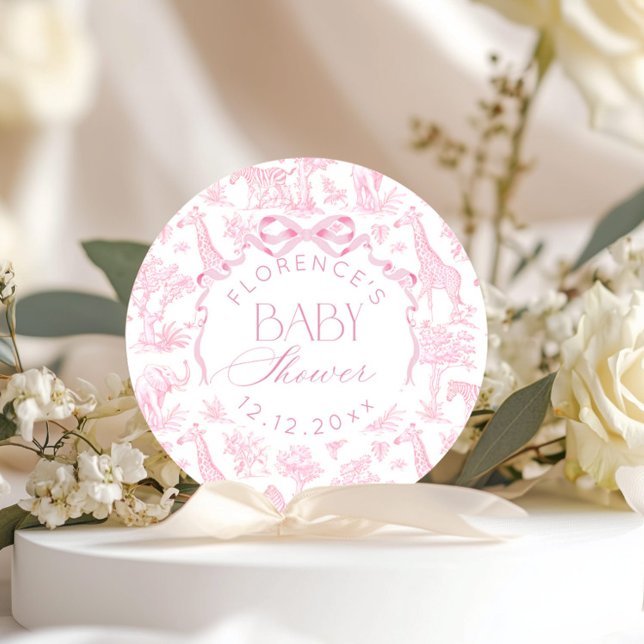 Safari animals Toile de Jouy Pink Baby shower  Classic Round Sticker (Creator Uploaded)
