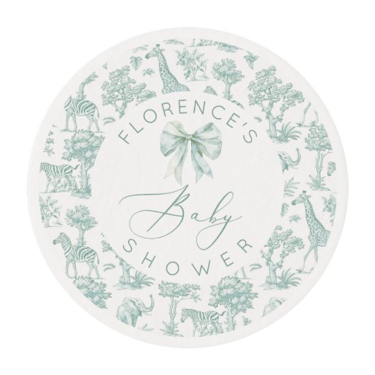 Safari animals Toile Green Baby shower Edible Frosting Rounds (Front)