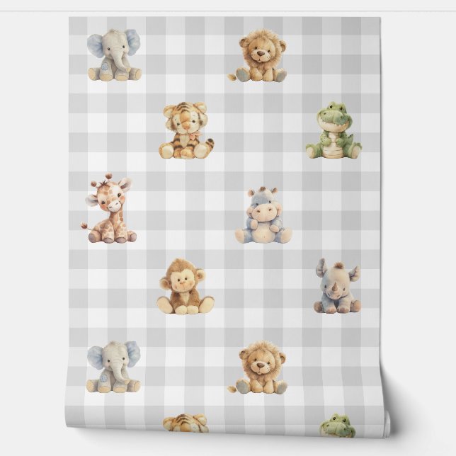 Safari Animals Toys Gray Plaid Baby Boy Nursery  Wallpaper (Unrolling)