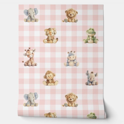 Safari Animals Toys Pink Plaid Baby Girl Nursery Wallpaper