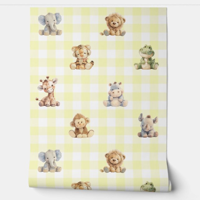 Safari Animals Toys Yellow Plaid Baby Nursery Wallpaper (Unrolling)