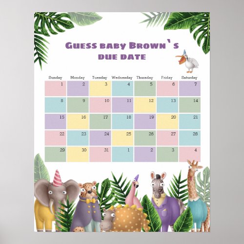 Safari Animals Tropical Due Date Calendar Poster