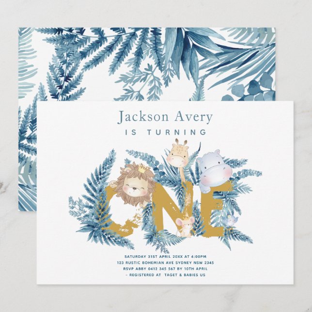 Safari Animals Tropical First Birthday Invitation (Front/Back)