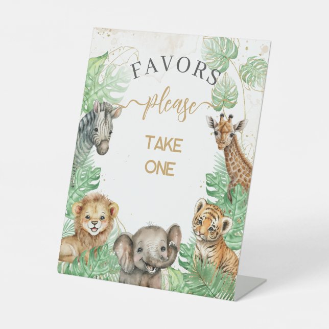 Safari animals Tropical greenery Baby Shower favor Pedestal Sign (Front)