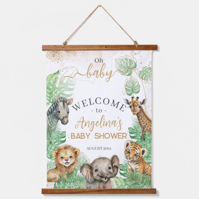 Safari animals Tropical greenery Baby Shower Hanging Tapestry (Front)