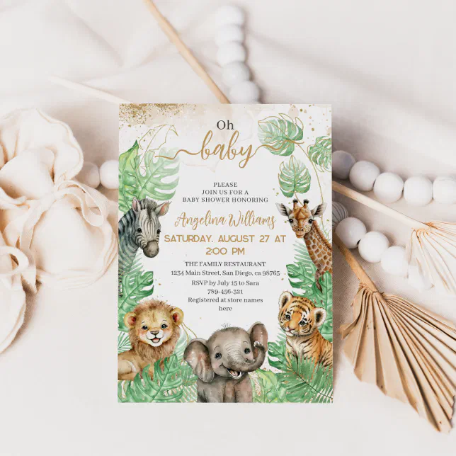 Safari animals Tropical greenery Baby Shower Invitation | Zazzle