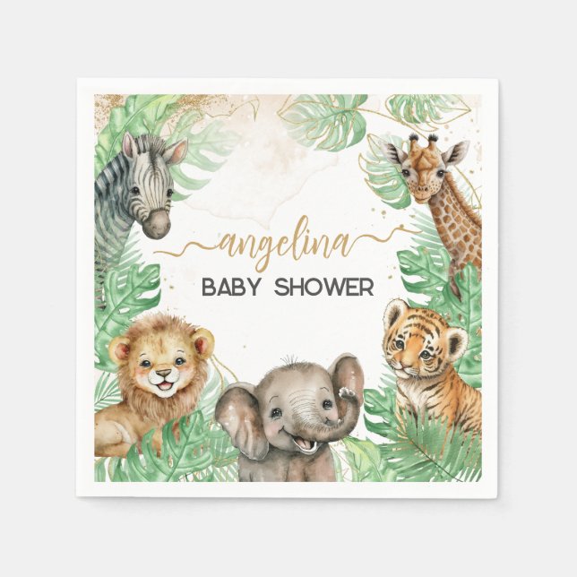 Safari animals Tropical greenery Baby Shower Napkins (Front)