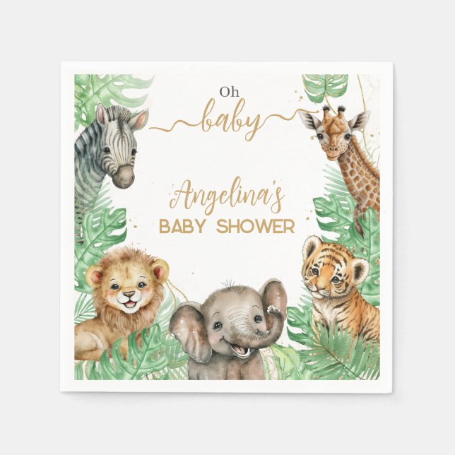 Safari animals Tropical greenery Baby Shower Napkins (Front)