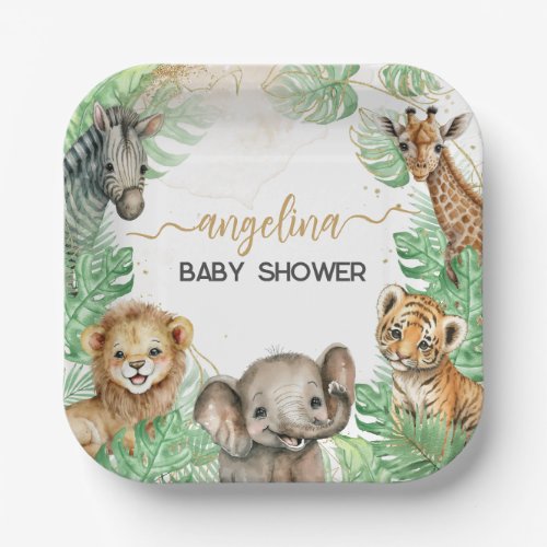 Safari animals Tropical greenery Baby Shower Paper Plates